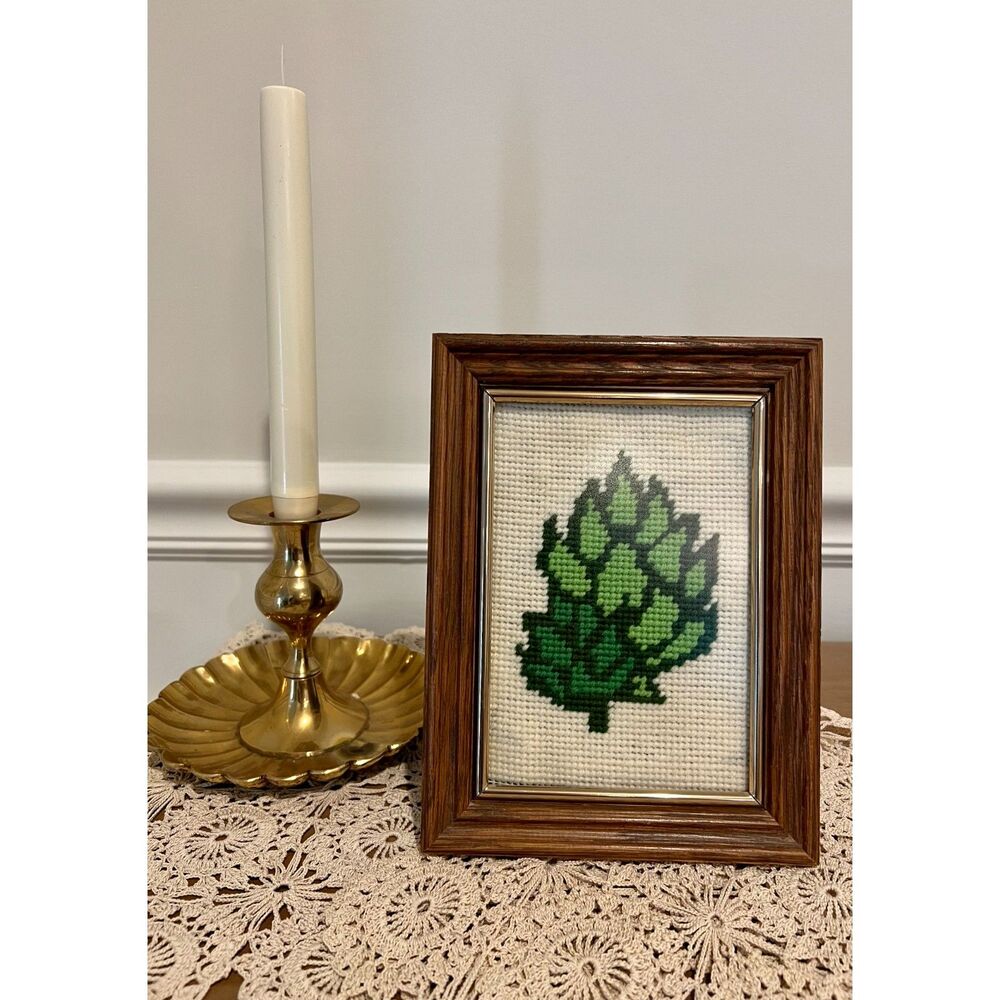Vintage Framed Cross Stitch Hops Cone Art - Needlepoint Botanical Wall Decor